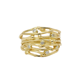 Gouden ring YUKON SPECIAL met 6 diamantjes in een organisch lijnenspel de ring van smal naar breed verlopend