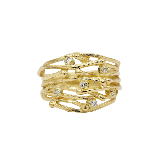 Gouden ring YUKON SPECIAL met 6 diamantjes in een organisch lijnenspel de ring van smal naar breed verlopend