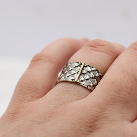 serpenty_zilver_geoxideerde_ring_met_goud_staafje_handgemaakt_door_tessa_reijmers